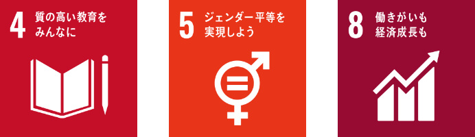 4質の高い教育をみんなに、5ジェンダー平等を実現しよう、8働きがいも経済成長も