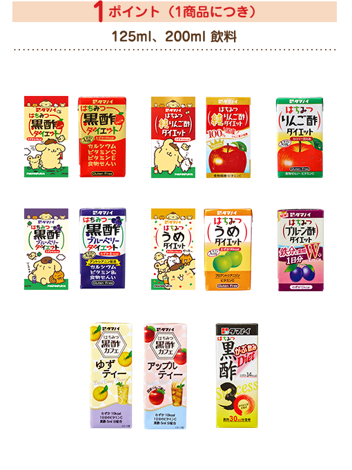1ポイント(1商品につき) 125ml、200ml 飲料