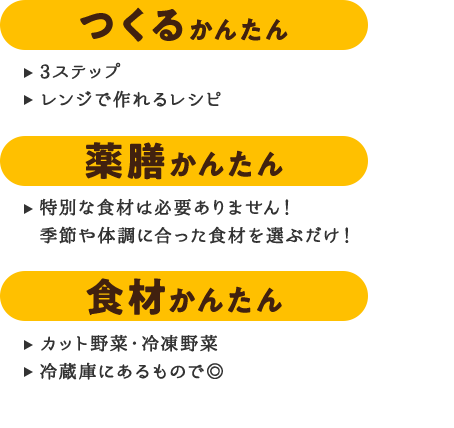 薬膳 かんたん 3ステップ レンジで作れるレシピ 薬膳かんたん 特別な食材は必要ありません！ 季節や体調に合った食材を選ぶだけ！ 食材かんたん カット野菜・冷凍野菜 冷蔵庫にあるもので◎